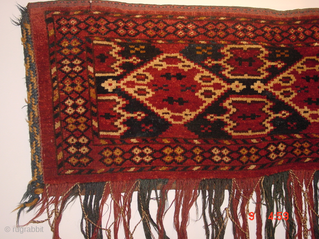 Gorgeous antique 1880 Turkoman torba
150x32cm
5x1.1ft withoutthe fringes,
 great ikat drawing, great all natural colors, great pile, no repairs, wonderful flexuble structure, silky feeling wool, one less than fingertip very faint stain on  ...