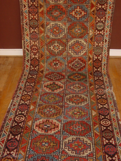 fabulous generous antique moghan long rug, great all natural colors, one small side patch repair, and some corroded brown is rewoven, complete original selvedges and headends, no tears, no holes, no stains,  ...