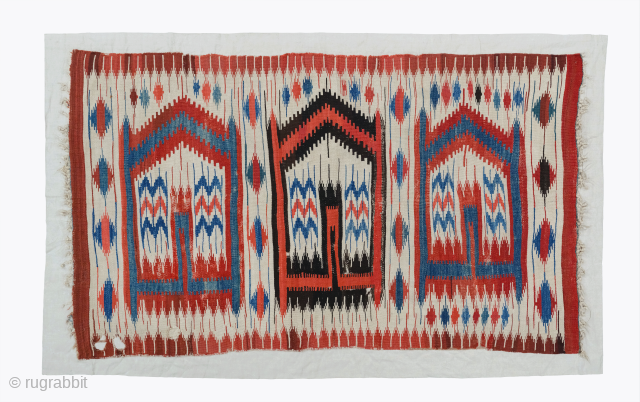 Central Anatolian Karapinar Saph Kilim mounted on linen circa 1800 size 110x190 cm                    