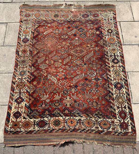 Late 19th century Shekarlou Qashqai, great colours and design with original side and side ends but some wear, size:190(with kilim)x140 cm. 173x140 cm without Kilim ending       