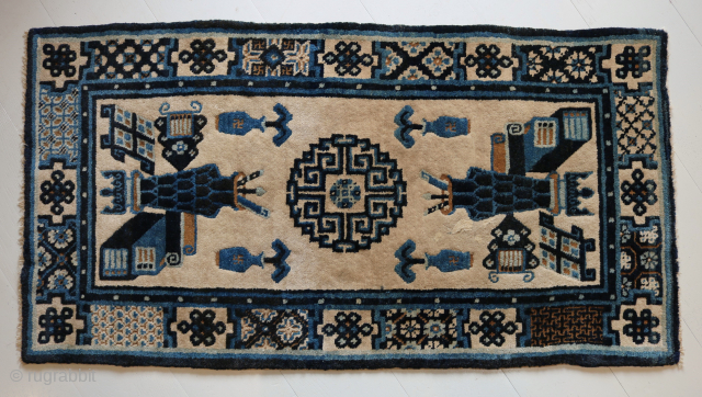 Peking Rug
Circa 1900

132 x 69 cm

A collectable antique Chinesse Rug from the Peking era, with contrasting traditional blues.
Good condition and all over good pile except a small section where it has been  ...