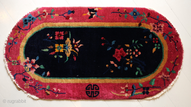 Chinese Nichols workshop
Circa 1920

61 x 119 cm

A collectable antique Chinesse Rug from the Nichols Workshop with great contrasting colours, the field is dark blue that complements so well with the luminous crimson  ...