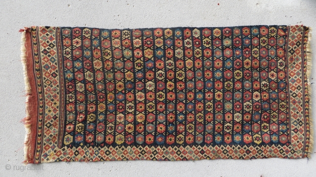 whole piece, half a Shaheavan kilim complete with two bands.age 1870-80 with colors rich vegetable,for many many years Sewn-on quilt size 122x60cm           