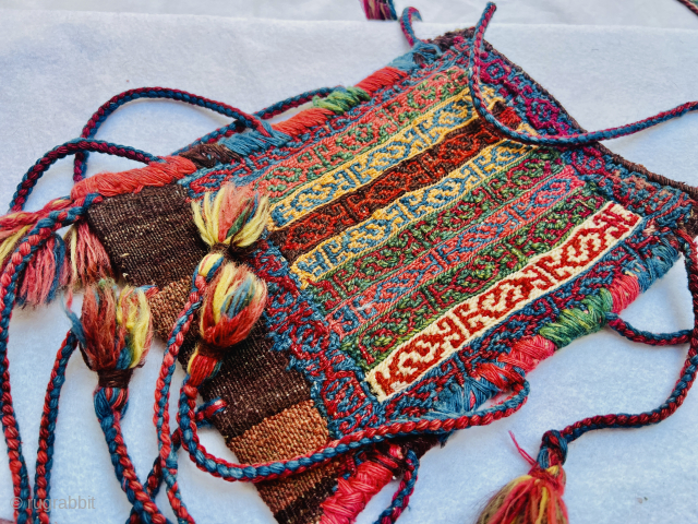 lovely Afshar sumac chanteh circa 1880 all good natural colors and perfect condition size30x21cm,wool on wool                 