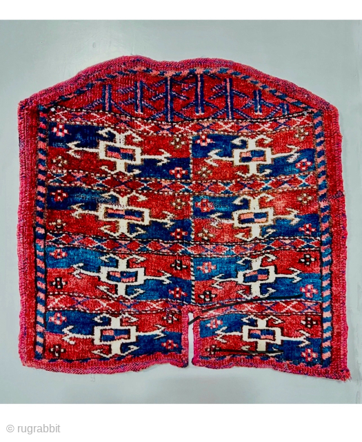 Second of the 19th.c Yumod Turkmen Saddle Cover,Nice strong natural colors and wonderful mid-blue Asymmetric textured open on left,42x43cm perfect condition            