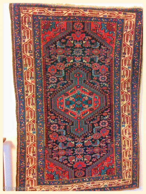 Hamadan, early 20th c., even pile(center a little lower), natural dyes(colors not accurate,  though,  due to camera), two 3" creases just outside the field - the knots are showing slightly.  ...