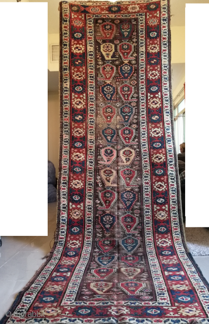 antique caucasian karabagh runner circa 1880 size 305x96cm low black pile in the middle                   