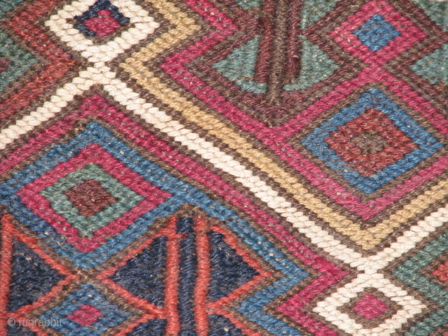 antique anatolian chuval with soumak,cecim and kilim works.with exelent colours and work.all naturel colours.117X77c.m.the back of the piece is also great and if needed i can send pictures of that part,too.feel free  ...