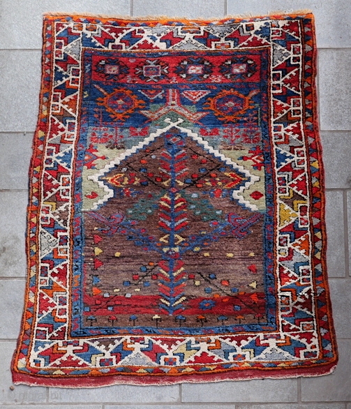 Konya Yürük rug, size 128 x 108
Heavy, long pile. Incredible mix of colors and nuances.
Prayer rug design.
                