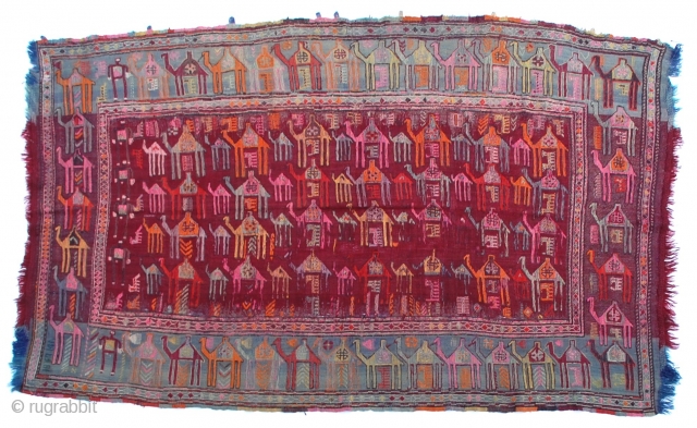 Caucasian Verneh Camel Caravan flat-weave rug heavily woven with wonderful colors and richly embellished sumac weaving of the camels. 66" x 108"           