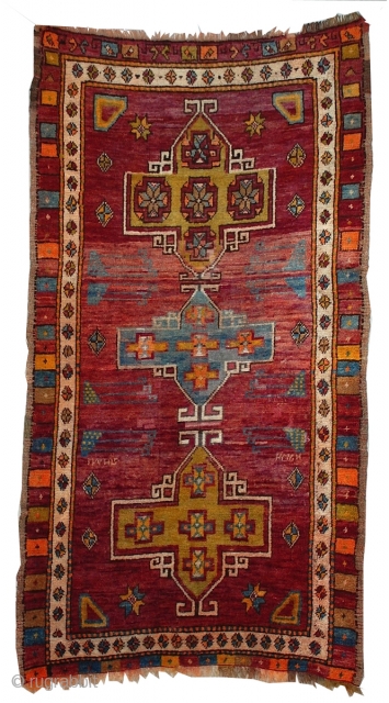 Turkish Bergama Rug 6'9" x 3'10" A classic medallion design on this lovely colorful silky pile rug, woven in central Anatolia.            