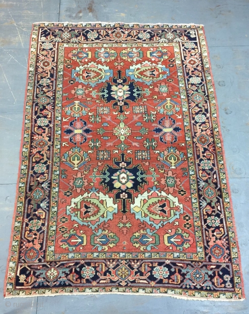 
Antique Handmade Persian Heris Rug,Somewhere is professional Repaired,all in natural,Clean,Low pile,Around 100 years old,Size:224cm by 159cm                 