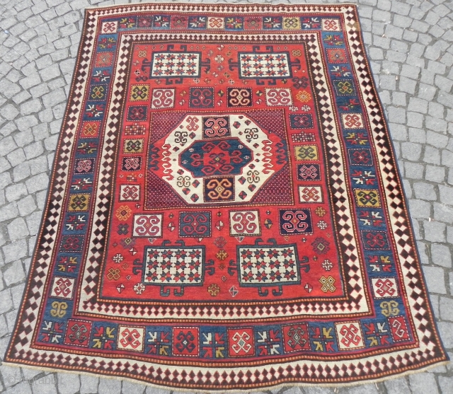 Large&Powerful Antique Caucasian Karatchoph Kazak Rug, 6x7.8 ft (183x238 cm), mid 19th Century, undyed ivory warps and indigo dyed blue wefts (Kazak rugs with this design are also called Karachop, Karachov, Karatchopf,  ...