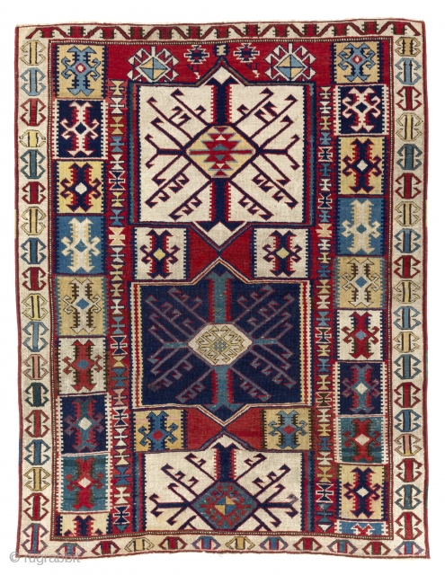 Exceptional and colorful North East Caucasian Kuba pile Rug with Kilim Design, 3.8 x 4.9 Ft (112x145 cm). ca 1890. Good condition, original as found, not reduced, cut or such.   