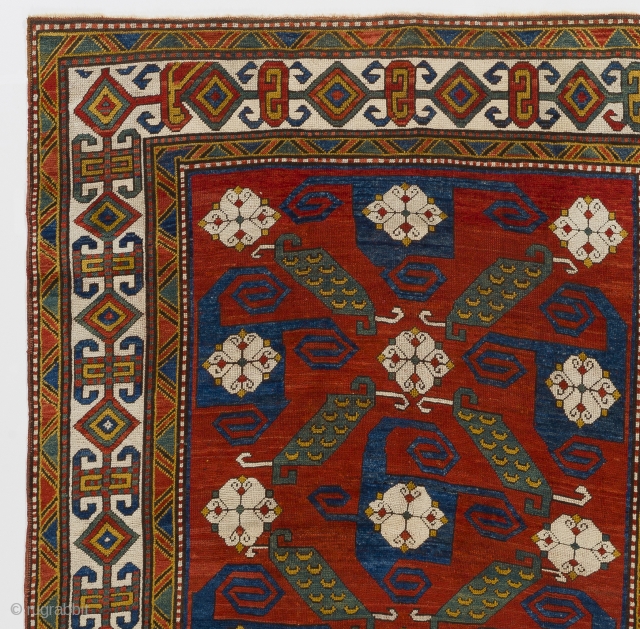 An Impressive Pinwheel or so called "Swastika" Kazak Rug. Southwest Caucasus, ca 1880, 5'8" x 7'5"  (172x225 cm). Provenance: A private British collection. Condition: Entire foundation of the rug is original  ...