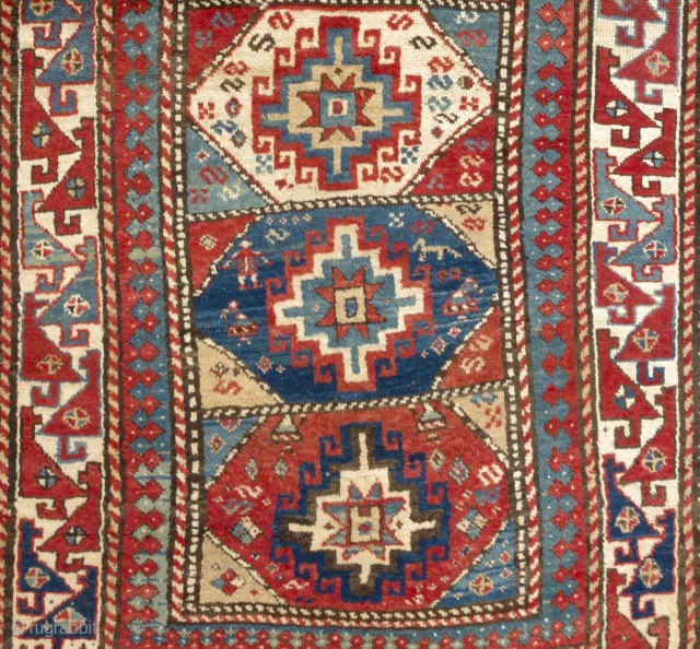 Colorful South Caucasian Moghan long Rug, 4 x 7.7 ft (120x240 cm), ca 1890,  full pile.                