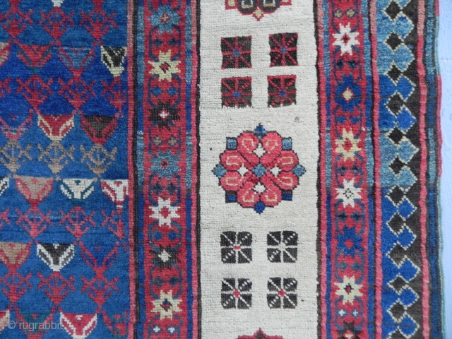 Antique Southeast Caucasian Talish long Rug with classic repeating rosette  and dice design border, 3.8 x 7.10 ft (116 x 244 cm), ca 1875, Full Pile, lustrous wool and saturated colors,  ...