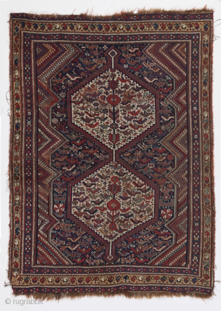 Khamseh Rug with birds, 130x174 cm, original as found, no repairs                      