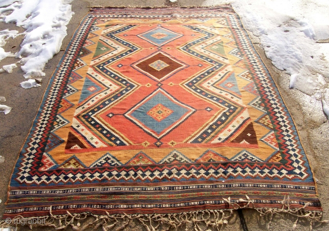 Large SW Persian Qashqai or Kashkuli Kilim with excellent colors. 5'8" X 10'2"....173X310 Cm. Great shape. Only minor fold wear like lines as shown on the top end.     