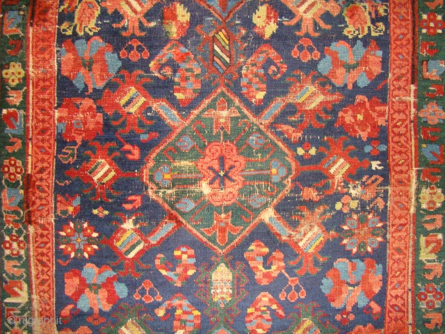 Colorful Caucasian Kuba Bird rug. 45X69 inches 115X175 Cm. A few of the red arrows in the top border seem to be synthetic but the rest are great colors. Scattered old repair/repile  ...