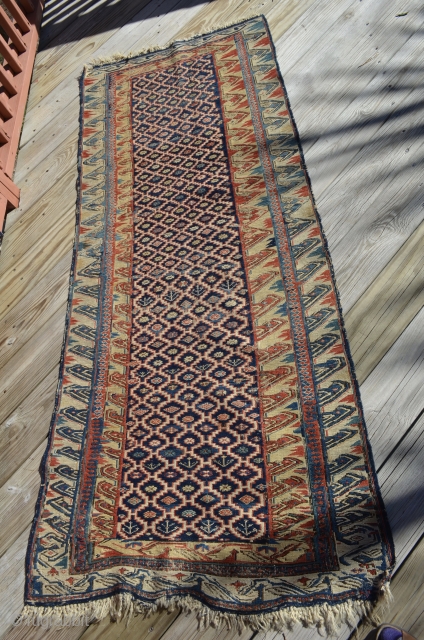 An early unusual Soumak carpet, measures 6'6" x 2'8".  Very nice condition.                    