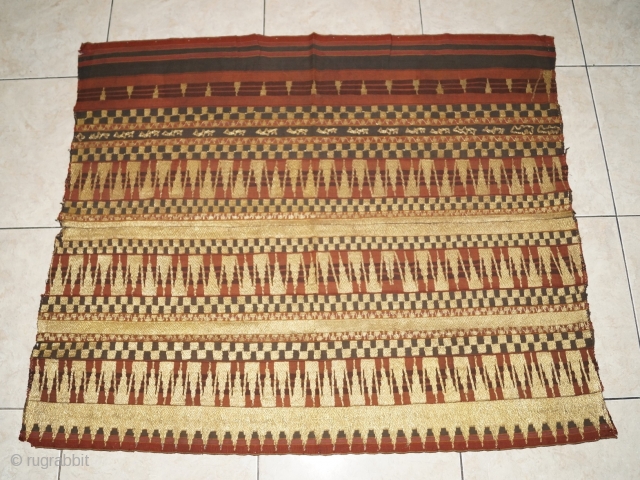 #rb059 Rare 19th century Indonesia Lampung south Sumatra Tapis kaca cucuanda ceremonial cloth, natural color gold threat silk embroidery, gold threat mirror, good condition         