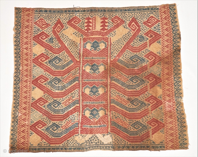 Rare Tampan red and blue ship ceremonial ship cloth Pasisir people Kalianda distict Lampung region Southern Sumatra Indonesia, handspun cotton natural dyes size: 50 m x 59 cm.     