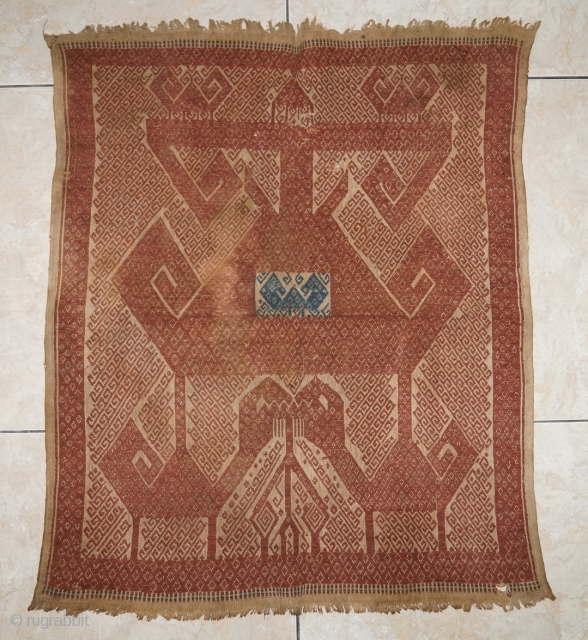 #RB009 large Tampan ceremonial cloth Lampung south Sumatra Indonesia, Paminggir people handspun cotton natural dyes supplementary weft weave, rare with blue color motif at the center, good condition, late 19th century size:  ...