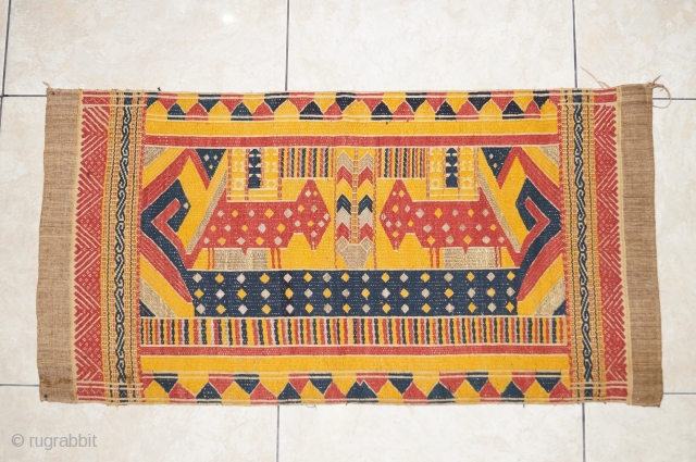 #rb011 Very rare Tatibin ceremonial cloth Lampung south Sumatra Indonesia, Paminggir people handspun cotton natural dyes supplementary weft weave, rare motif with large ship motif and large mythical animal motif, good condition,  ...