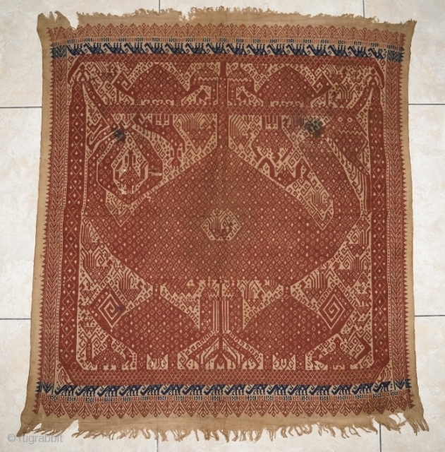 #rb016 large Tampan ceremonial cloth Komering district Lampung south Sumatra Indonesia, Paminggir people handspun cotton natural dyes supplementary weft weave, rare with blue color motif, good condition, late 19th century size: 80  ...