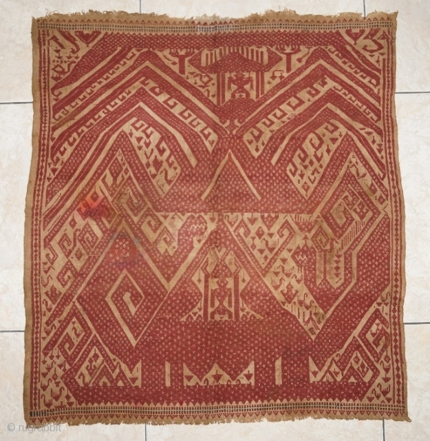 #rb017 Rare and large Red Tampan ceremonial cloth Kalianda or Jabung district Lampung south Sumatra Indonesia, Paminggir people handspun cotton natural dyes supplementary weft weave, rare with red and blue color motif,  ...