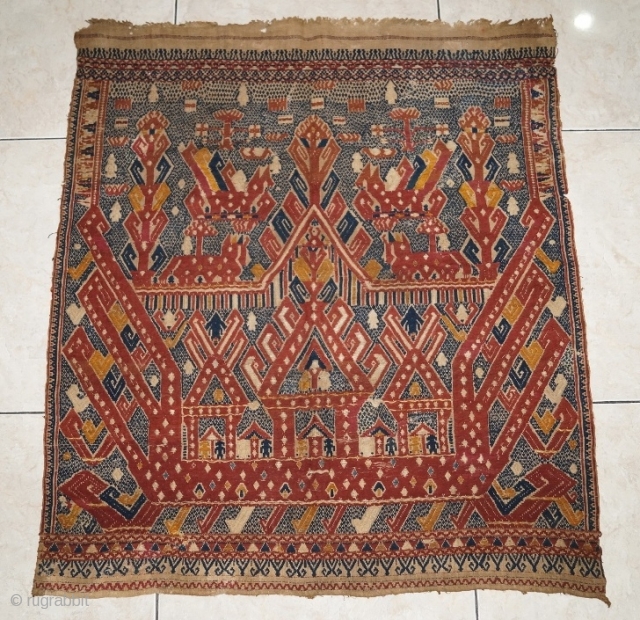 #rb033 Rare and large Red Tampan ceremonial cloth Kalianda district Lampung south Sumatra Indonesia, Paminggir people handspun cotton natural dyes supplementary weft weave, rare with red and blue color motif, good condition,  ...
