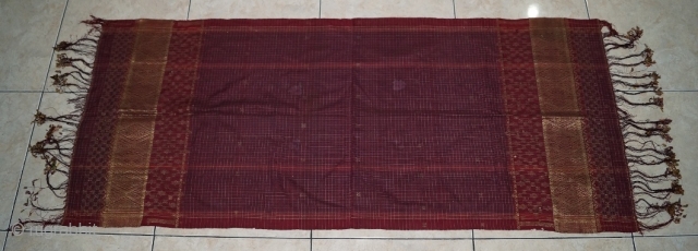 #rb 040 Minangkabau head cloth / shoulder cloth, Minangkabau people west Sumatra Indonesia, late 19th century, silk gold threat supplementary weft weave natural dyes, good condition with holes and re stitched please  ...