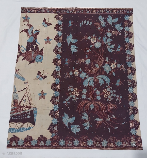 Javanese Batik pekalongan from Dutch colonial era, with flower large merchant ship angel riding fish motif, fairly good condition with some damage re stitched as fair condition as a very old textile,  ...