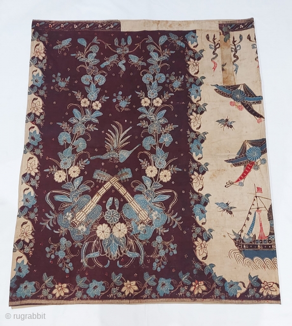 Javanese Batik pekalongan from Dutch colonial era, with flower ship balloon and airplane motif, fairly good condition with some damage re stitched as fair condition as a very old textile, early 20th  ...