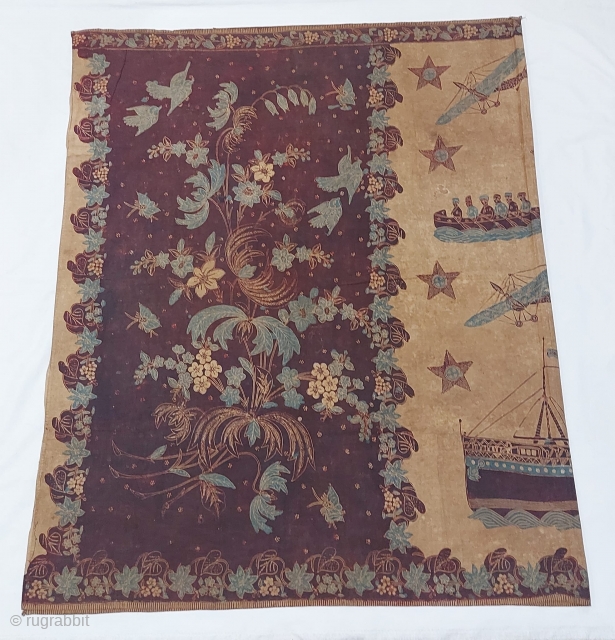 Javanese Batik pekalongan from Dutch colonial era, with flower large merchant ship human riding boat motif, fairly good condition with some damage re stitched as fair condition as a very old textile,  ...