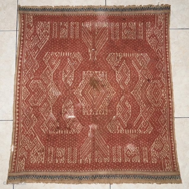 #rb050 A large red Tampan ceremonial cloth from Kalianda or Jabung region Lampung region south Sumatra Indonesia, Paminggir people handspun cotton natural dyes supplementary weft weave, good condition with small hole please  ...