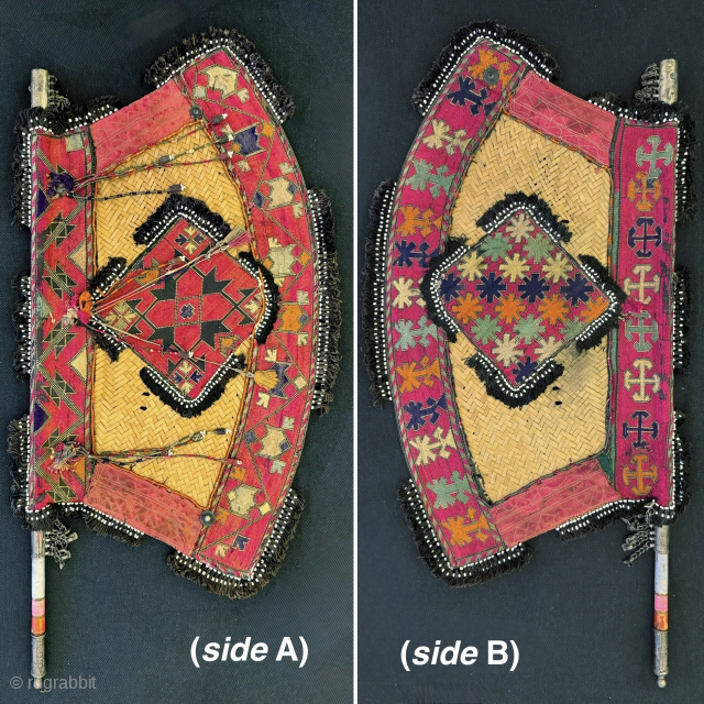 A beautiful and rather rare silk embroidered Phulkari ceremonial fan Central Asia . Dating to early 1900’s, Pulkari textiles were made in the border region of Afghanistan and Pakistan and likely in  ...