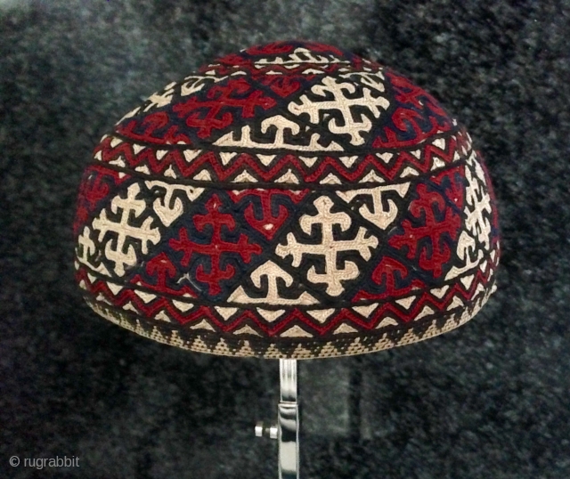 An exceptional and rare antique silk embroidered Yomud / Yomut tribe Turkoman / Turkmen hat.  There is a distinctive beauty to a good Turkoman embroidery that is unlike that of their  ...