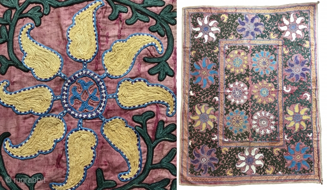 A beautiful and very decorative antique Uzbek Shahrisabz silk embroidered suzani. It dates to the late 19th century - early 1900s and it is a very unusual example. The fine polychrome silk  ...