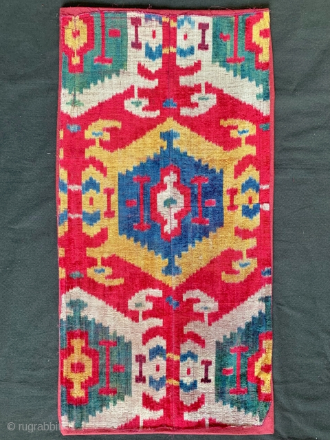 An exceptional museum grade antique Uzbek silk velvet / Bakhmal Ikat fragment dating to the mid 19th century Bukhara. Silk velvet Ikats are some of the most coveted of all Central Asian  ...