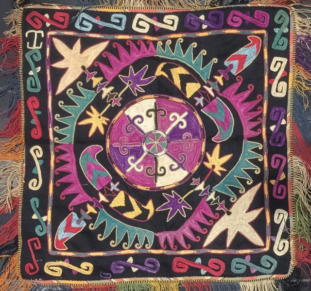 An unusual and very attractive Antique Uzbek lakai Tribe silk embroidered ilgich hanging. This fine chain-stitched silk embroidered on black cotton dates to early 1900s and has a very unusual design with  ...