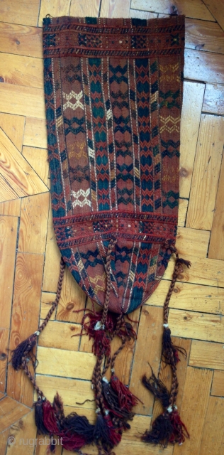 An Exceptional Turkoman / Turkmen flatweave Okbash. It dates to late 19th century and is attributed to Yomud / Yomut tribe. These bag shaped weavings were used as yurt (nomadic circular tent)  ...