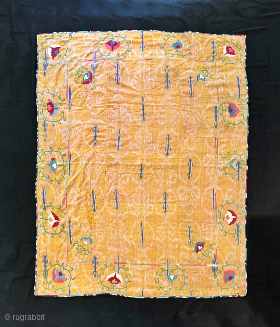 A very rare antique Uzbek or Tajik silk embroidered nim suzani on an atlas Ikat ground. Dating to third quarter of the 19th century Samarkand region. Suzani Ikat’s are some of the  ...