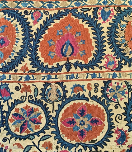 An exceptional antique Uzbek Bukhara silk suzani fragment dating to early 3rd quarter of the 19th century. The embroidery is exceptional with a combination of basma stitch (a local flag stitch) and  ...