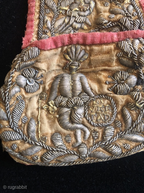 One of a kind small Colonial period pouch. Bolivia or Peru. 18th century possibly earlier. Silver wrapped silk thread embroidery on a silk velvet ground that shows a Spanish (Europeanized) idealization of  ...