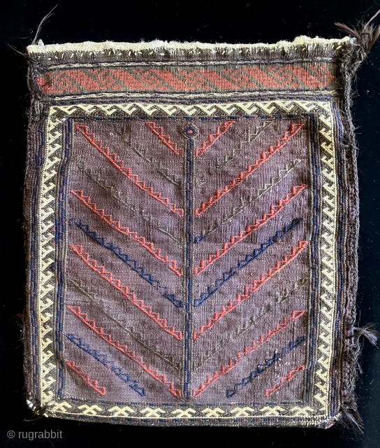 19th century double sided Baluch flat-woven bag. Size: 16.5 x 19 inches.  This is an unusual bag both for its format and design.  It is larger than most personal bags  ...