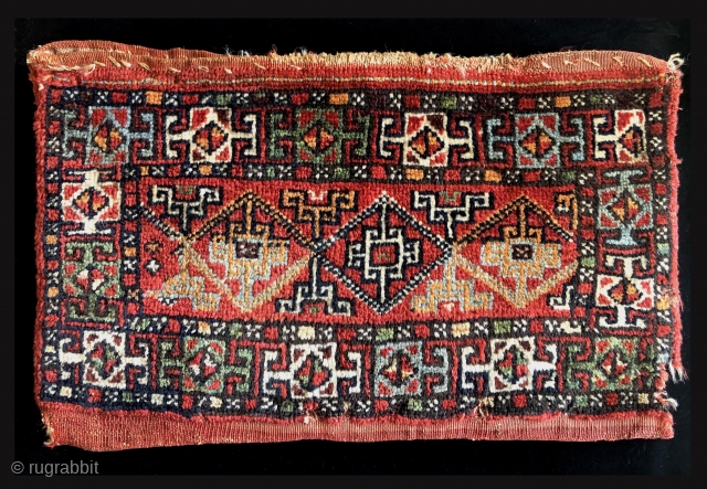 Odd Ball Torba.  Probably Turkish Turkmen.  19th century. All dyes natural.  Back intact.  Size 26 x 16 inches - opened out including back 26 x 32 inches.  