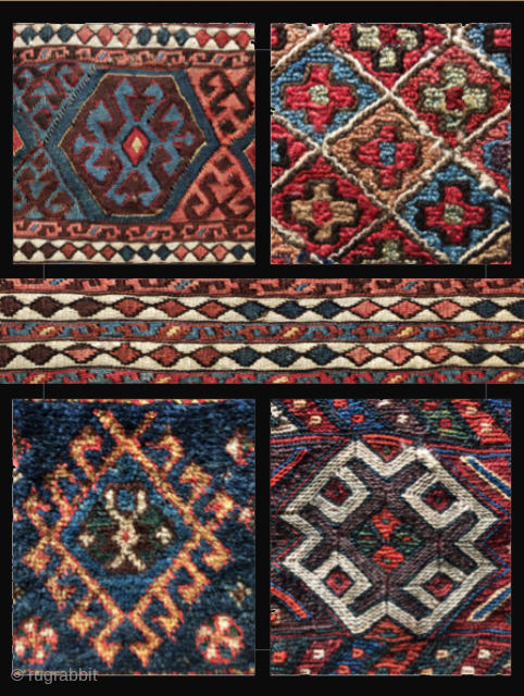  19th century bag faces with character.  See links below to these and other high quality weavings on my pages.  Details upon request.


http://www.rugrabbit.com/node/227109

http://www.rugrabbit.com/node/217144

http://www.rugrabbit.com/node/216548

http://www.rugrabbit.com/node/214447
        