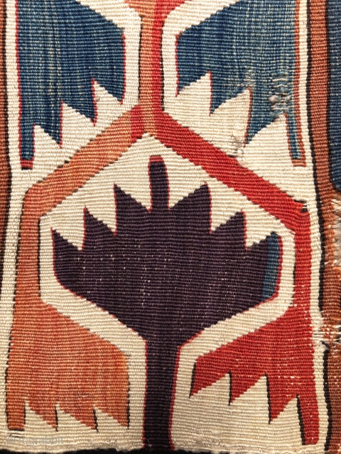 Old Anatolian kilim fragment with some camel hair.  Mounted size: 31 x 36 inches on frame - 27 x 32 actual size of fragment.        